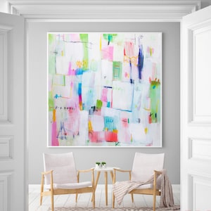 Stampa di opere d'arte astratte, stampa di dipinti rosa chiaro e verde, arte murale astratta moderna extra large, decorazione murale boho eclettica, arte con colori pastello