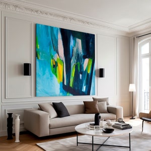Modern dark blue abstract wall art print, Large blue green and multicolor joyful abstract blue painting, Bright colorful eclectic wall art
