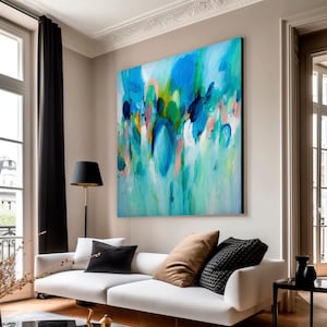 Abstract art print, modern wall art, home decor large wall art, pastel blue white and pink abstract painting, Large wall art for living room image 1