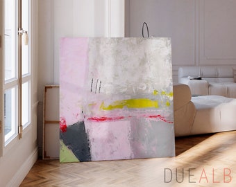 Impression d'art abstrait peinture texturée rose clair et crème, impression d'art mural moderne, art mural minimaliste avec papier texturé pour chambre à coucher