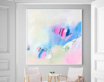 Impression de peinture abstraite rose clair et bleu, très grande impression d'art mural, décoration en toile minimaliste pour le salon