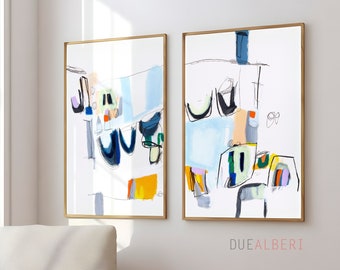 Large art abstract painting, extra large wall art, mid century modern Geometric art print set of 2, pastel shades of blue and yellow