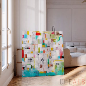 Abstract painting large wall art, teal yellow green multicolor abstract wall decor, expressive contemporary art for interior home decor