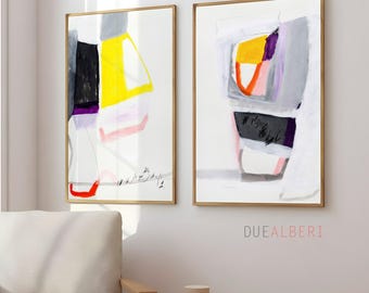 Conjunto de 2 láminas abstractas amarillas y grises para pared, láminas de pintura geométrica, arte moderno de gran formato.
