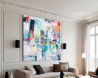 Modern eclectic abstract painting print, Large joyful wall art, Dark blue gray orange trendy boho bedroom wall decor