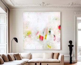 Impresión de pintura abstracta blanca, impresión de arte de pared de lienzo contemporáneo blanco pálido y rosa para sala de estar, arte de pared abstracto de colores suaves