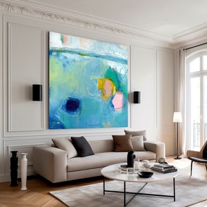 Modern large abstract wall art print, Large blue and multicolor joyful abstract painting, blue wall decor Bright colorful eclectic wall art