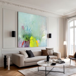 Impresión de pintura abstracta, colores vivos y vibrantes, arte de pared extra grande, arte de pared abstracto verde amarillo brillante