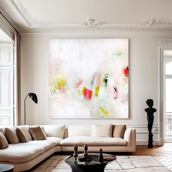 White abstract painting print, pale white and pink contemporary  canvas wall art print for livingroom, soft colors abstract wall art