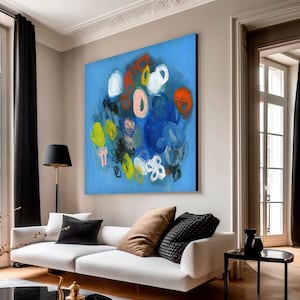 Impression de peinture abstraite bleue, grand art mural coloré vibrant, décoration murale florale moderne de salon, art mural abstrait de fleur