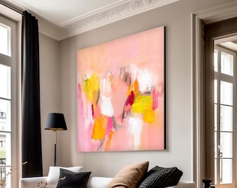 Abstract art print light pink yellow magenta textured painting , Extra large wall art print, Minimalist Canvas decor for living room