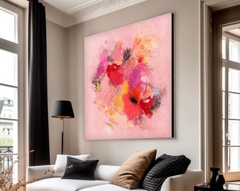 Pink abstract painting print, Vibrant colorful large wall art, Modern floral living room wall decor, big canvas print, bright wall art