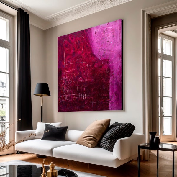 Art mural rouge abstrait vibrant, impression de peinture texturée rouge fuchsia, oeuvre d'art abstraite moderne extra large, art contemporain éclectique