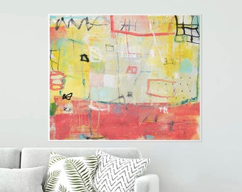 Vibrant Modern contemporary abstract  wall art print, bright yellow and coral eclectic modern drawing, statement living room wall decor