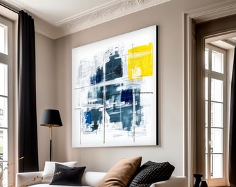 Minimalist abstract art, Off white navy blue colors modern abstract painting, Statement living room wall art, architectural design wall art