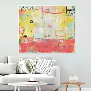 Vibrant Modern contemporary abstract  wall art print, bright yellow and coral eclectic modern drawing, statement living room wall decor