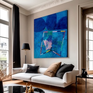Abstract landscape print, abstract wall art painting, blue geometric canvas art, large modern abstract painting for Living room wall decor