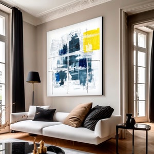Minimalist abstract art, Off white navy blue colors modern abstract painting, Statement living room wall art, architectural design wall art