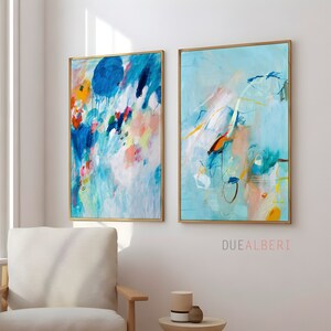 pastel pink Large wall art abstract art print, print set of 2 blue wall art, aestethic room decor mid century modern art wall decor