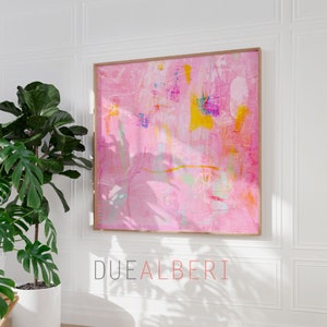 Impression d'art abstrait, impression de peinture texturée rose clair et jaune, très grande impression d'art mural, art mural minimaliste avec papier texturé