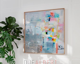 Japandi abstract art, Large abstract painting print in warm and light blue colours, Extra large wall art, Minimalist abstract wall art