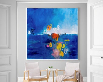 Abstract painting blue and yellow wall art print, french blue mustard yellow abstract painting print gift, elegant wall art for livingroom