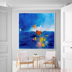 Pintura abstrata em azul e amarelo, impressão de arte de parede, presente de impressão de pintura abstrata em azul mostarda francês, arte de parede elegante para sala de estar