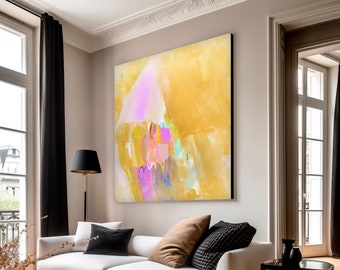 Modern abstract painting print, Large gold and pink joyful abstract art, bright eclectic colorful wall art, bedroom decor