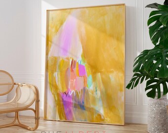 Yellow Pink Abstract Art Print, Large Vertical Pastel Wall Art, Mustard Modern Giclee Print