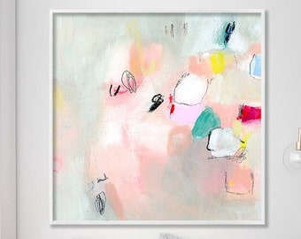 Abstract Painting, Large wall art, Abstract art print, Pastel pink and white painting, colorful abstract painting, extra large wall art