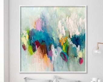 Large abstract painting colorful PRINT, Extra large wall art, abstract art, aqua teal feminine wall art