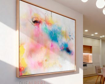Pastel Pink Blue Abstract Wall Art Print, Soft Modern Canvas Painting