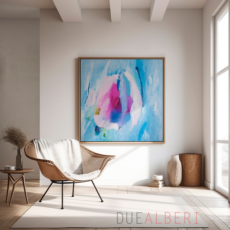 Abstract art print, Bright pastel blue and pink modern abstract painting, Statement living room wall art, Minimalist blue pink art image 6