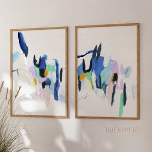 Wall art set of 2, colorful pastel blue pink abstract painting, print set of 2 prints, wall decor mid century modern, large wall art image 5