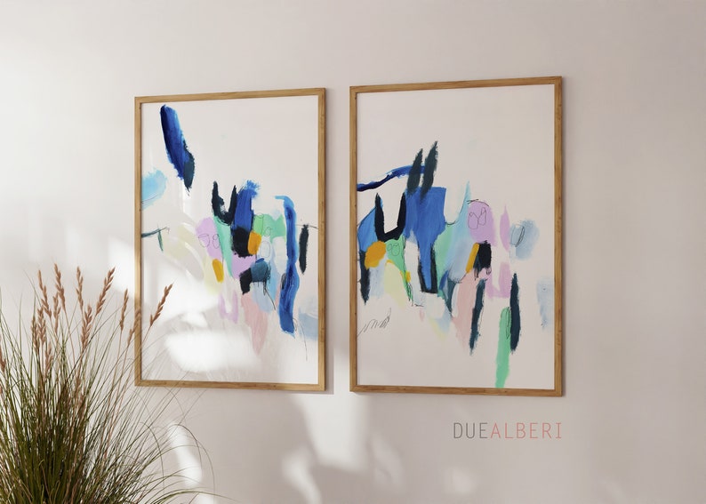 Wall art set of 2, colorful pastel blue pink abstract painting, print set of 2 prints, wall decor mid century modern, large wall art image 5