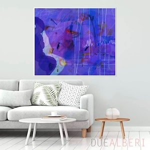 Royalblaue Abstrakte Kunst, Minimal Art Gemälde Druck, Organische Formen Kunst, Große hellblaue zeitgenössische Leinwand
