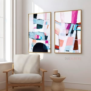 Abstrakte Wandkunst Set 2 Drucke, Pastellblau Rosa Vertikale große Kunst, Mid Century Modern Acrylmalerei