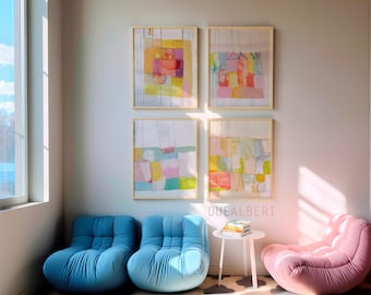 Abstract Wall Art Set of 4, Pink Orange Prints, Large Modern Wall Art