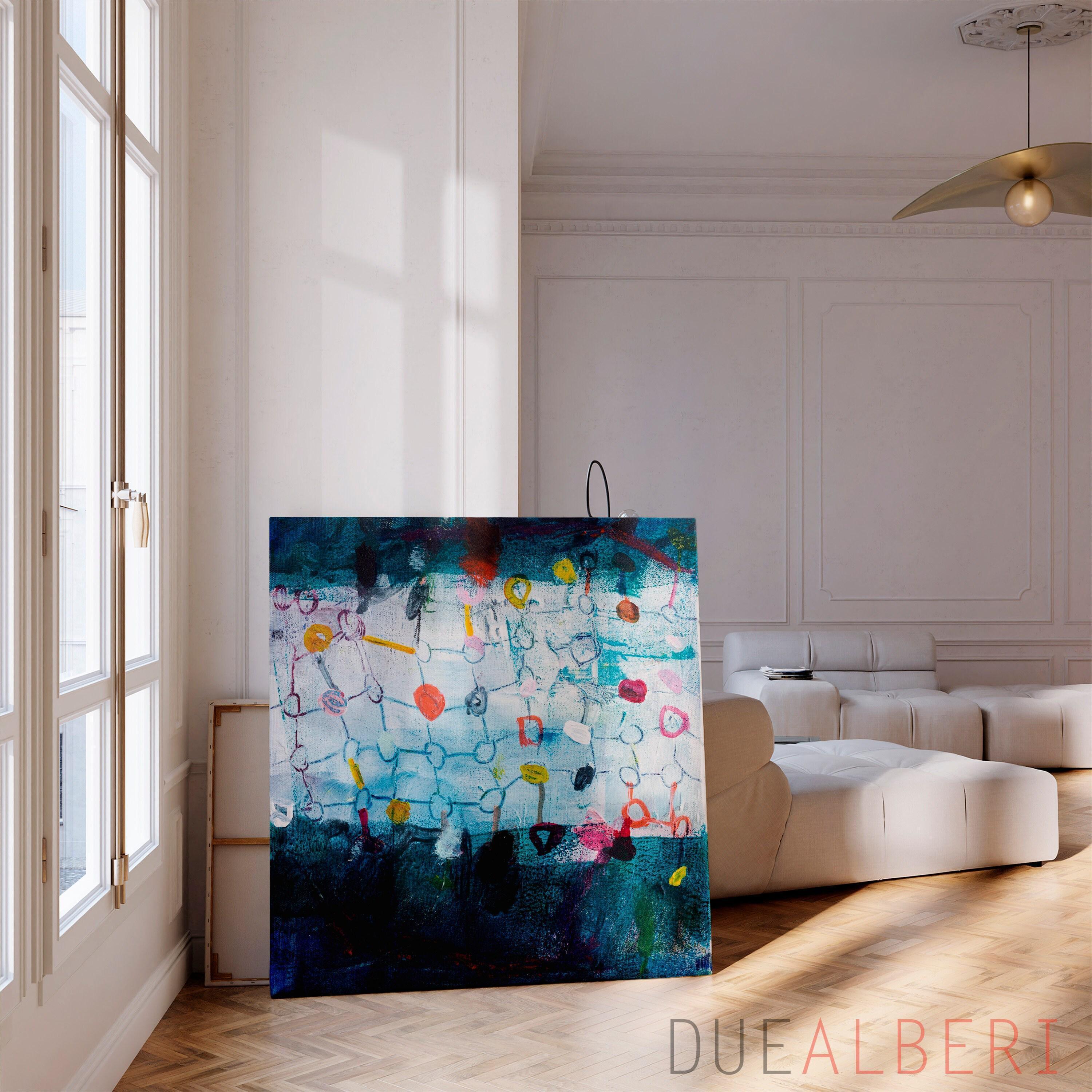 Dark Blue Abstract Art Print, Eclectic Colorful Wall Art, Large Canvas Print