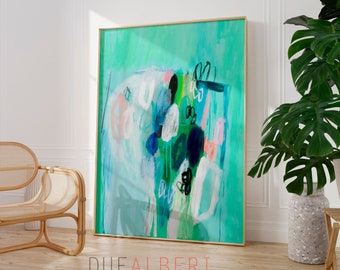 Abstract painting print, Teal blue vertical minimalist abstract art, Modern textured sea light green multicolor, Trendy aesthetic wall art