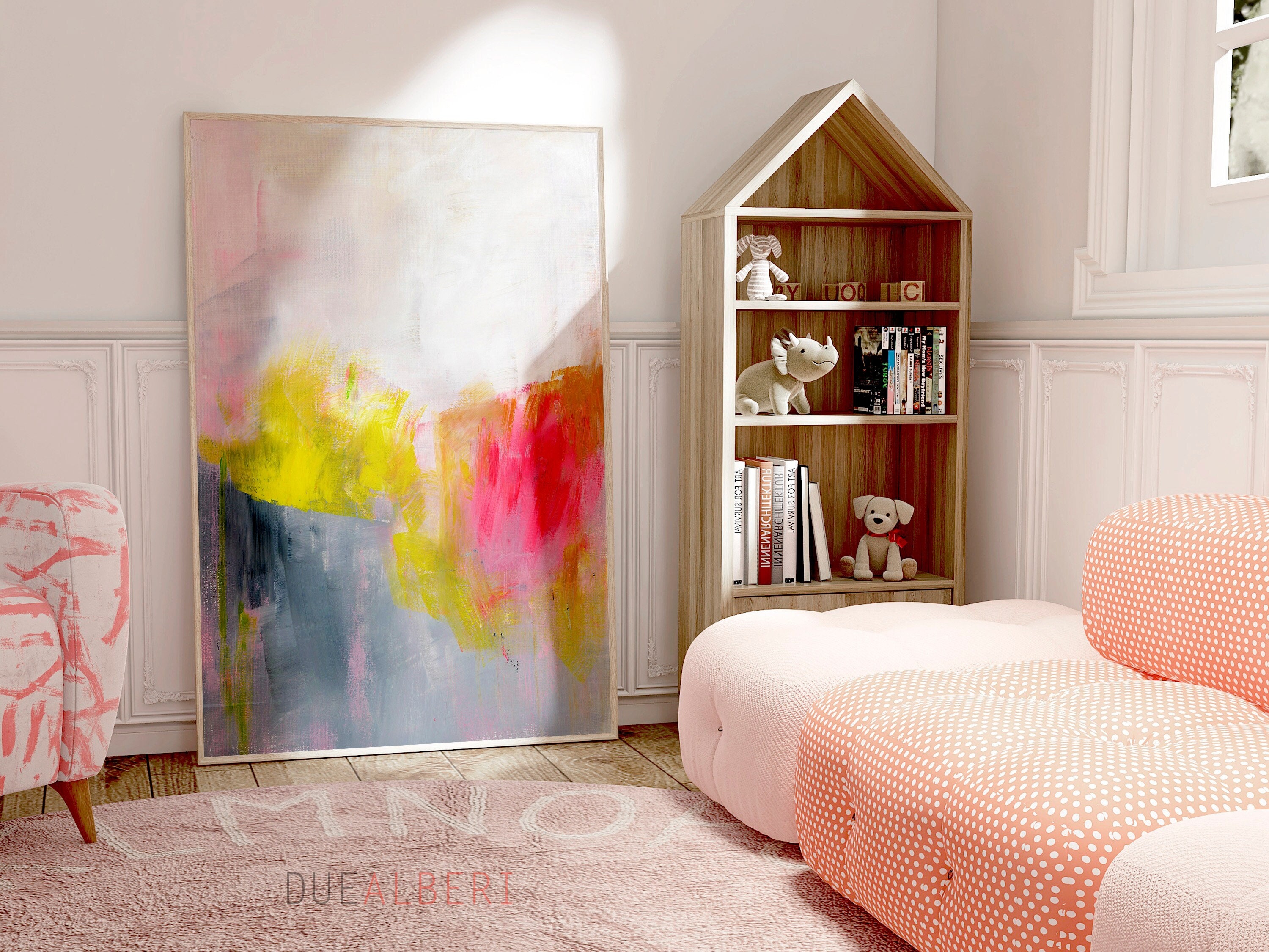 abstract painting wall art, pink and yellow large canvas print, contemporary wall art for living room, 60x40 art print