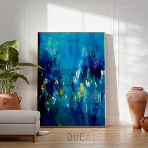 Arte de pared vibrante colorido, arte abstracto grande pintura moderna abstracta brillante, arte multicolor Azul