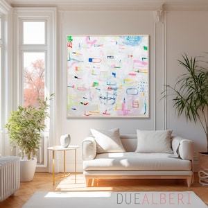 Modern original abstract wall art print, Large light pink and colorful joyful abstract painting, Bright multicolor eclectic wall art
