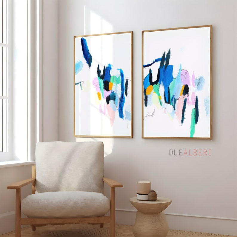 Wall art set of 2, colorful pastel blue pink abstract painting, print set of 2 prints, wall decor mid century modern, large wall art image 2