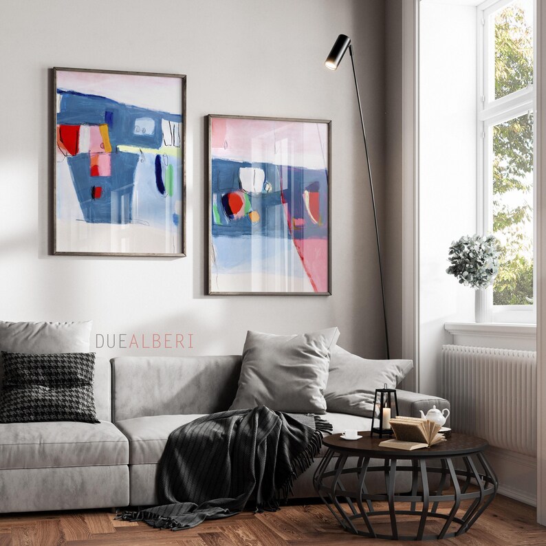 Mid Century moderne abstrakte Malerei Print-Set, Pastell blau und rosa Wand-Dekor Bild 8