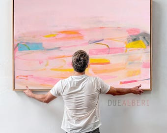 Large Pink Yellow Abstract Art Print, Blush Coral Pastel Wall Art, Canvas Print