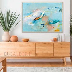bright abstract art print, colorful modern wall decor, blue orange painting, large vibrant artwork, bold multicolor canvas, abstract print