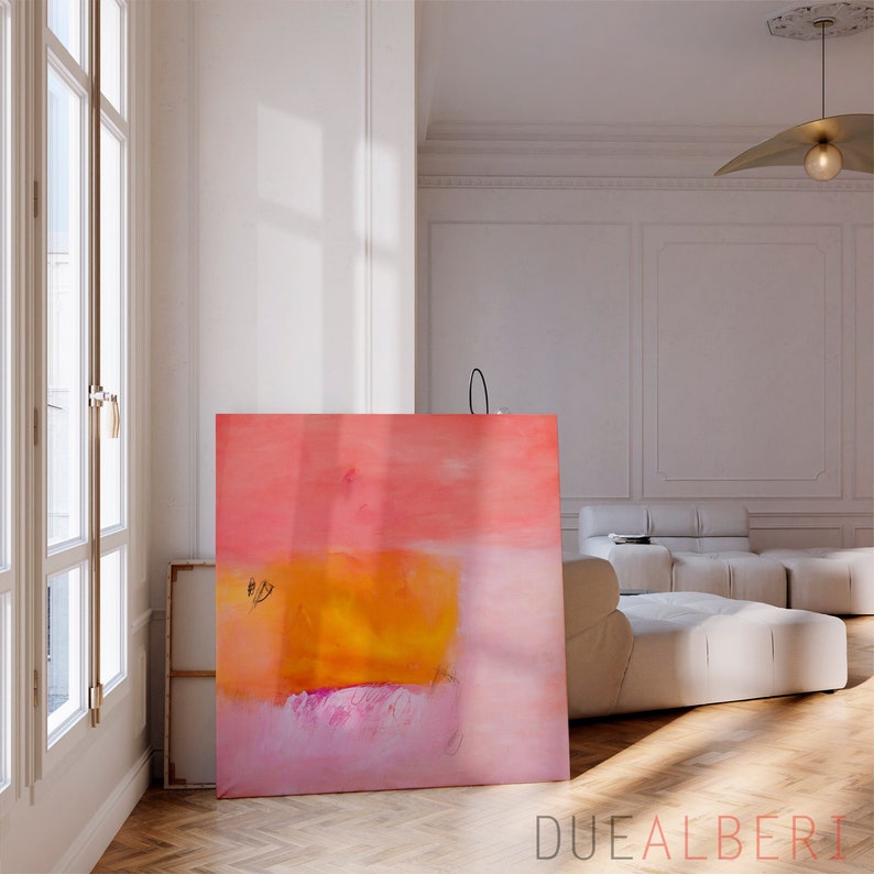 Orange and pink abstract painting colorful Print, Coral pink painting, pastel pink canvas print, extra large abstract wall art print
