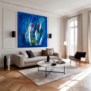 Modern bright blue abstract wall art print, Large blue and multicolor joyful abstract painting, Bright colorful eclectic wall art
