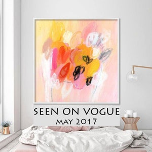 Abstract pink yellow art print, Large floral textured wall art, Extra large canvas for living room, Modern pastel abstract painting